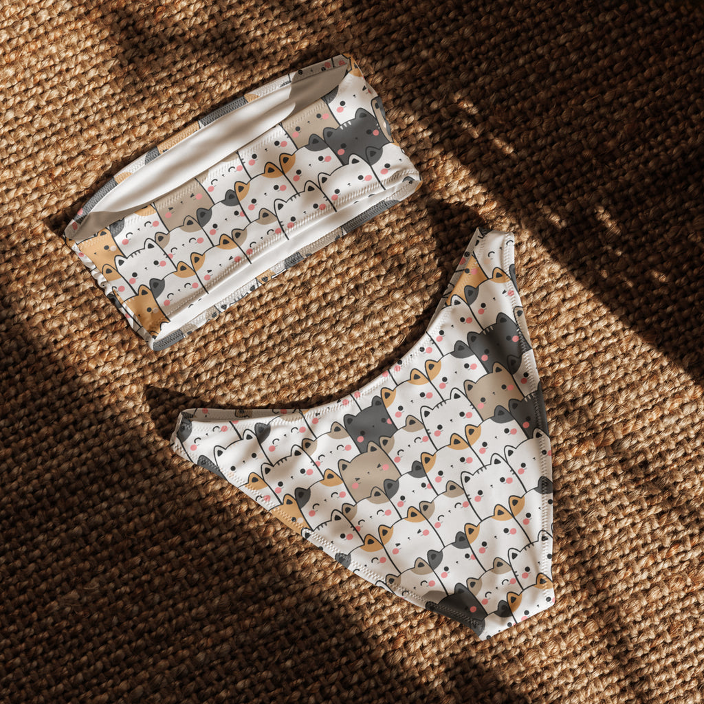 Women's Kawaii Cats Recycled Bandeau Bikini - Quick Drying Fabric With UPF 50+
