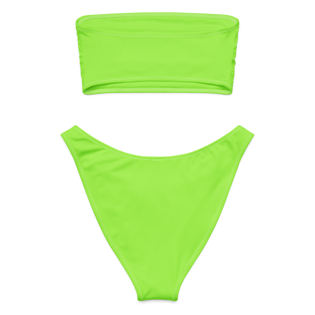 Women’s lime green recycled bandeau bikini set with bright neon green color and quick drying fabric with UPF 50+ protection