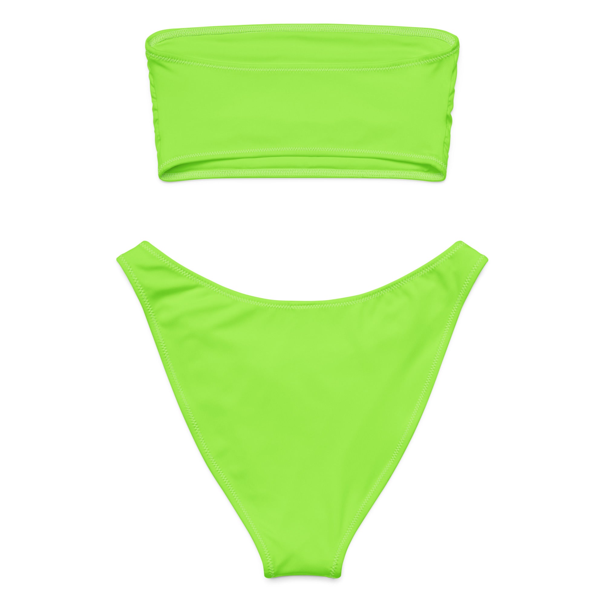 Women’s lime green recycled bandeau bikini set with bright neon green color and quick drying fabric with UPF 50+ protection