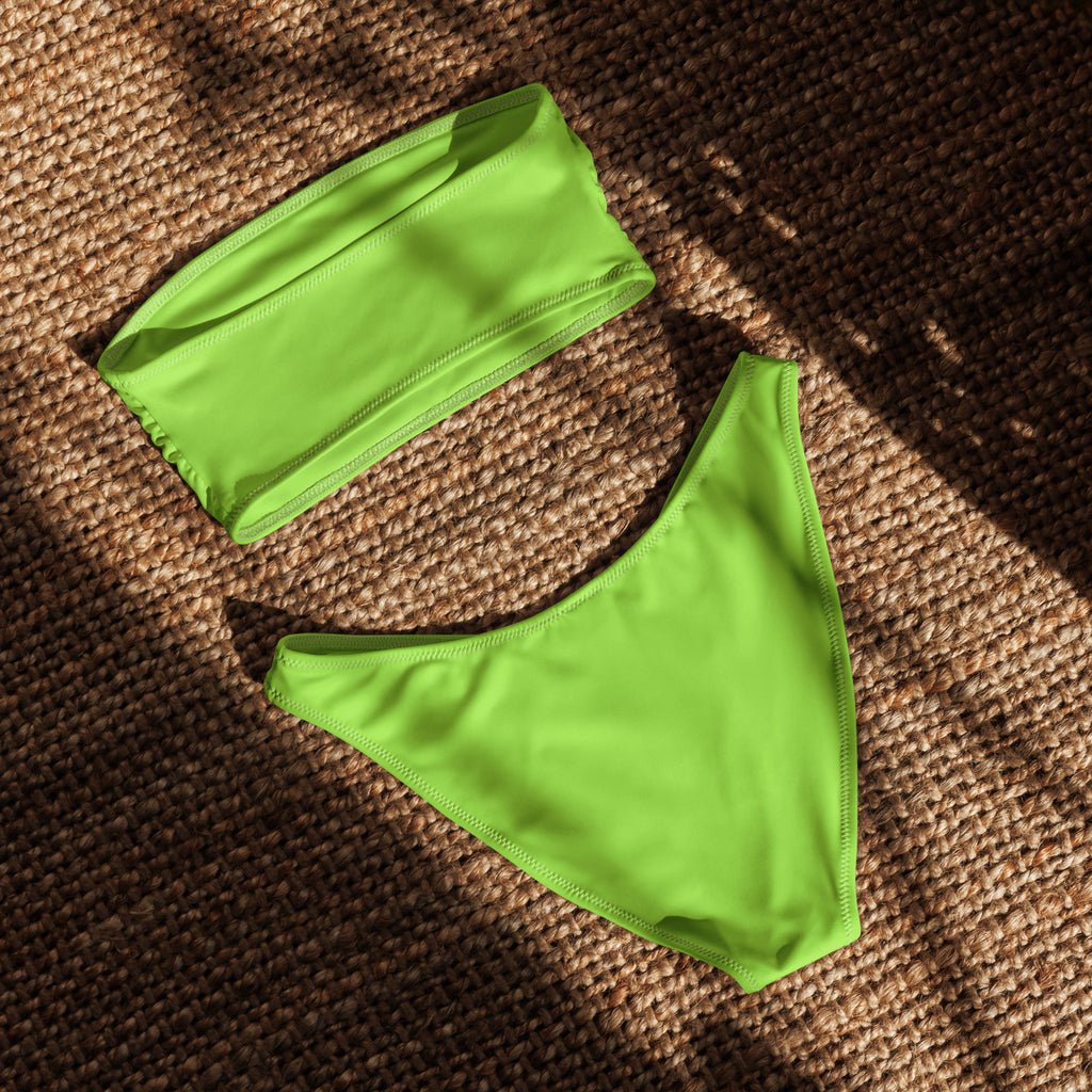 Women’s lime green recycled bandeau bikini set with high cut bottoms made from quick drying fabric with upf 50+