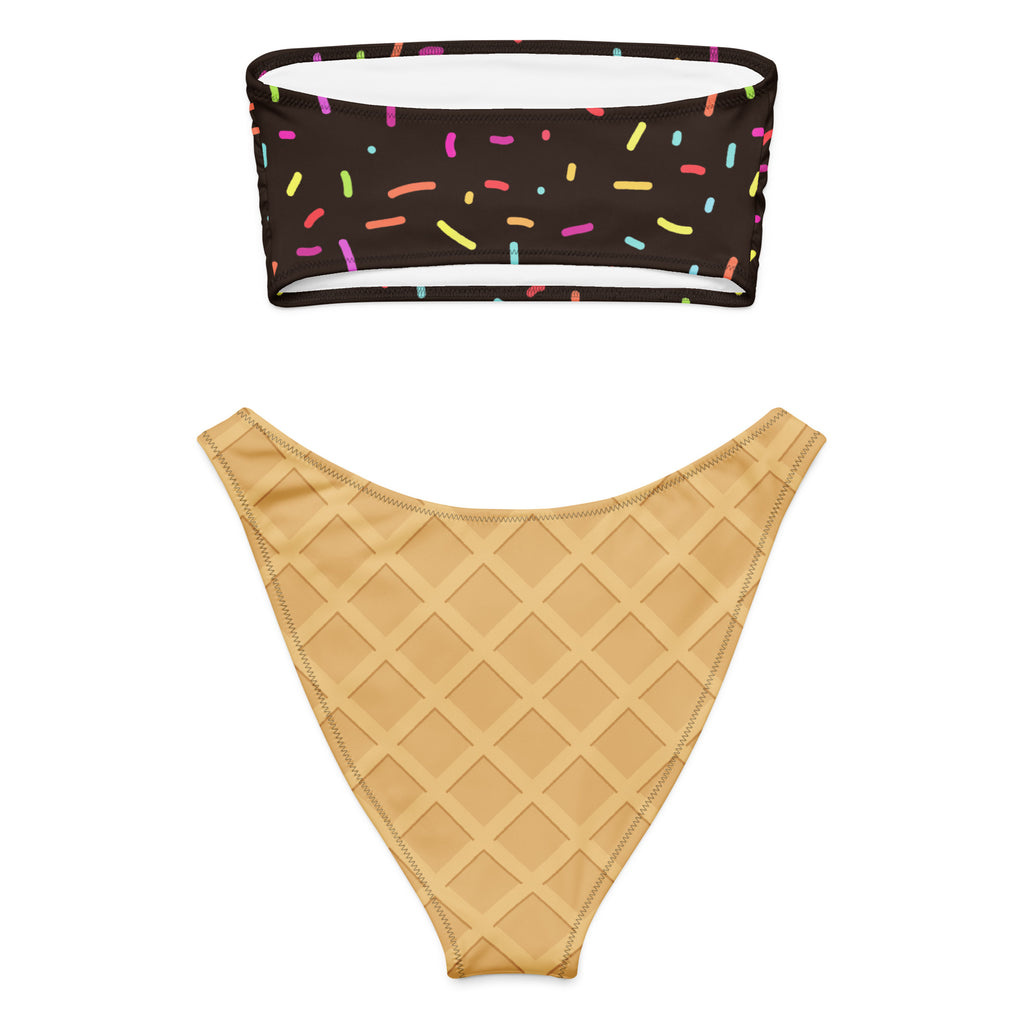 Women's Chocolate Ice Cream Cone Recycled Bandeau Bikini - Quick Drying Fabric With UPF 50+