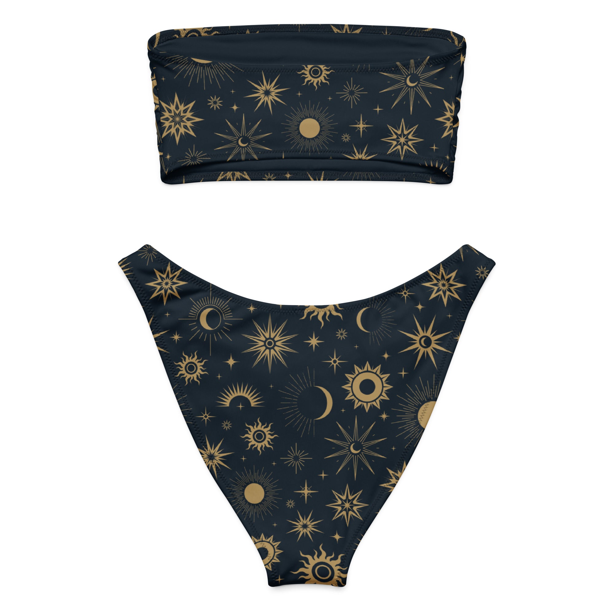Dark blue women’s celestial sun and moon recycled bandeau bikini set with quick drying fabric and upf 50 plus protection