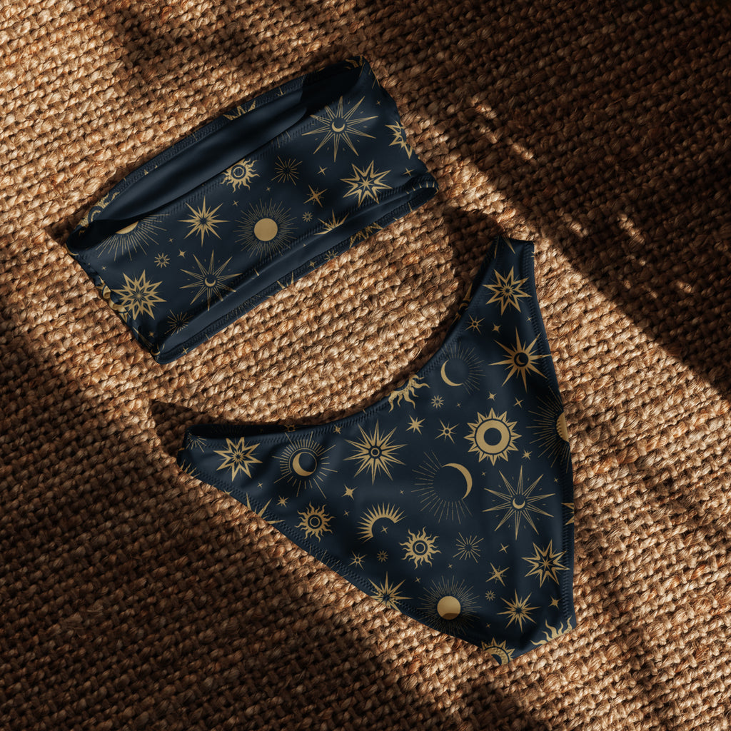 Dark blue women’s celestial sun and moon bandeau bikini set with gold stars moons suns quick drying fabric upf 50+