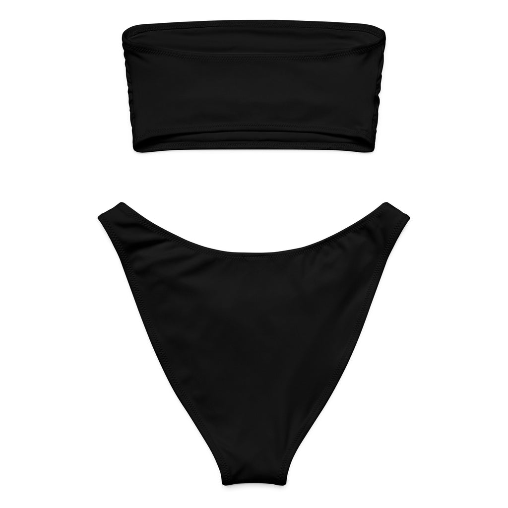 Women’s black recycled bandeau bikini set with strapless top and high-waisted bottom quick drying and upf 50+