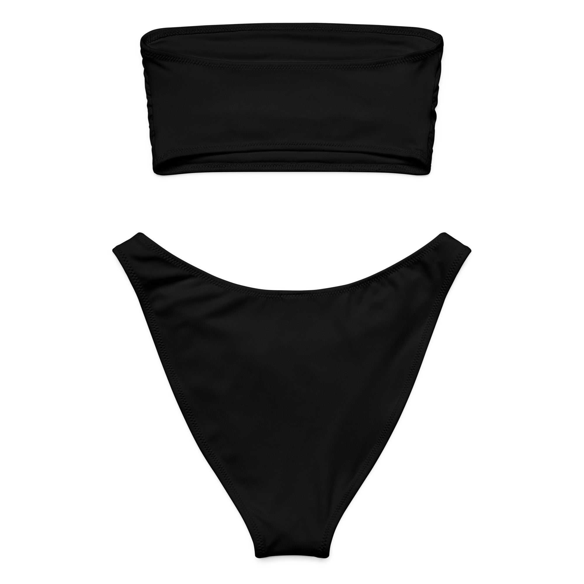 Women’s black recycled bandeau bikini set with strapless top and high-waisted bottom quick drying and upf 50+