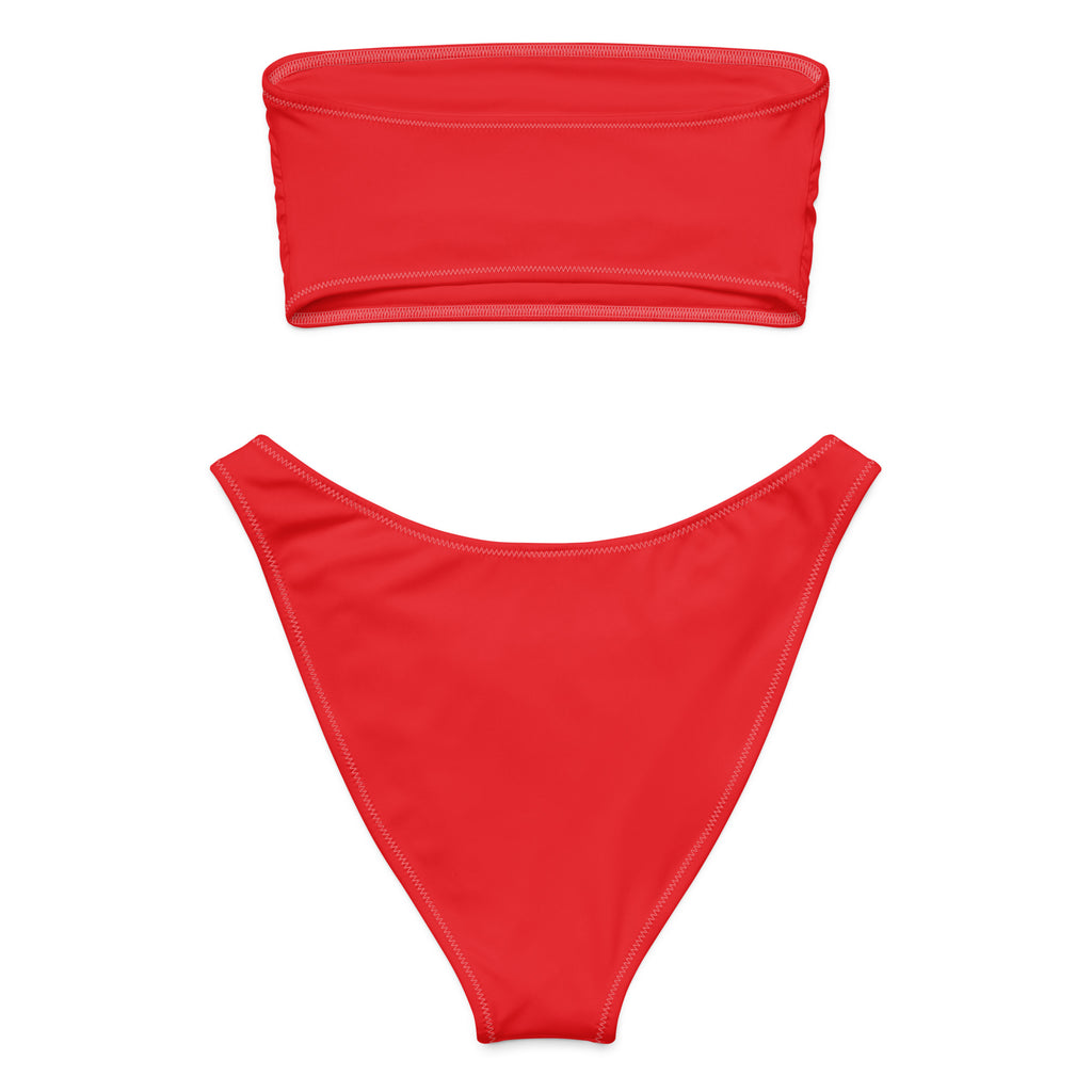 Women’s red recycled bandeau bikini set with strapless top and high-cut bottoms made from quick drying fabric with upf 50+