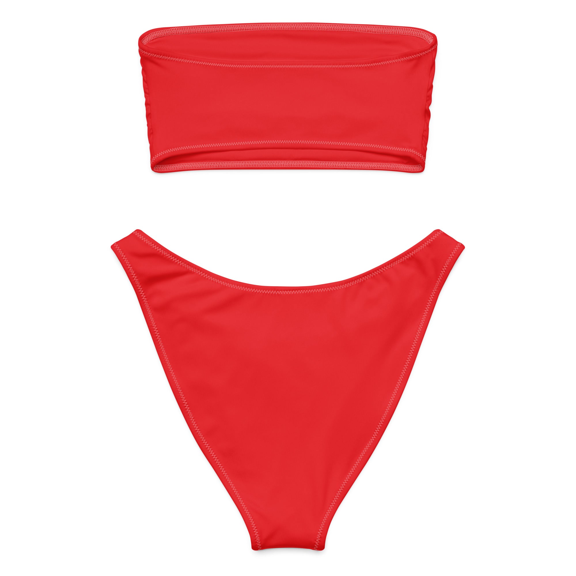 Women’s red recycled bandeau bikini set with strapless top and high-cut bottoms made from quick drying fabric with upf 50+