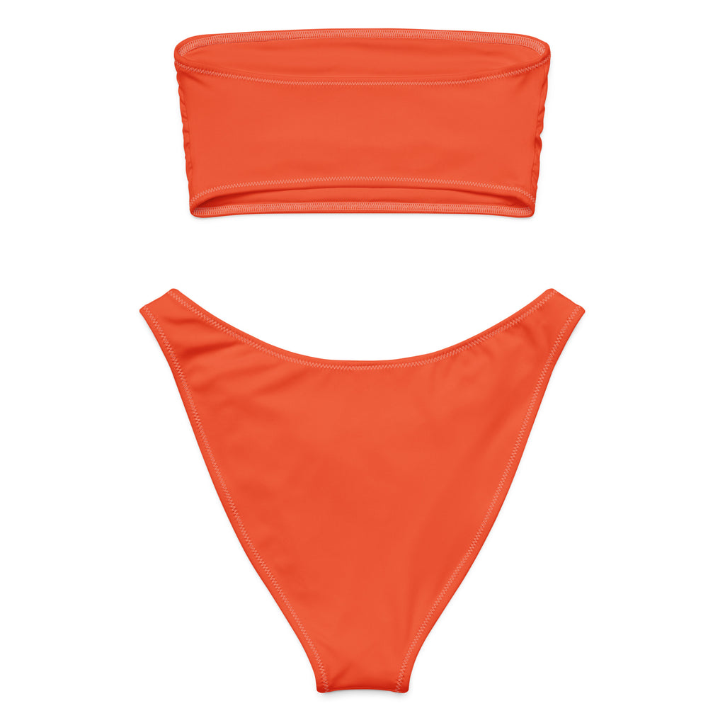 Women’s orange recycled bandeau bikini set with high cut bottoms made of smooth stretch quick drying fabric upf 50+