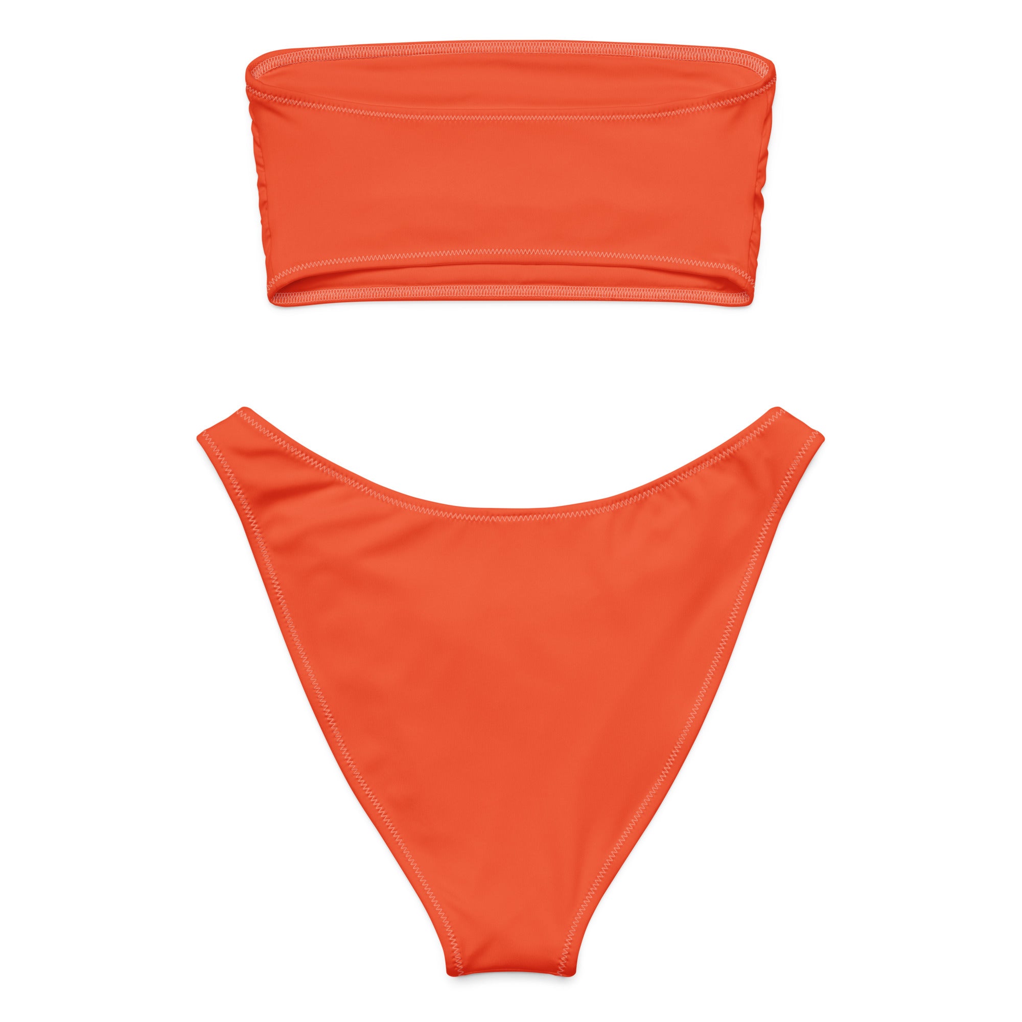 Women’s orange recycled bandeau bikini set with high cut bottoms made of smooth stretch quick drying fabric upf 50+