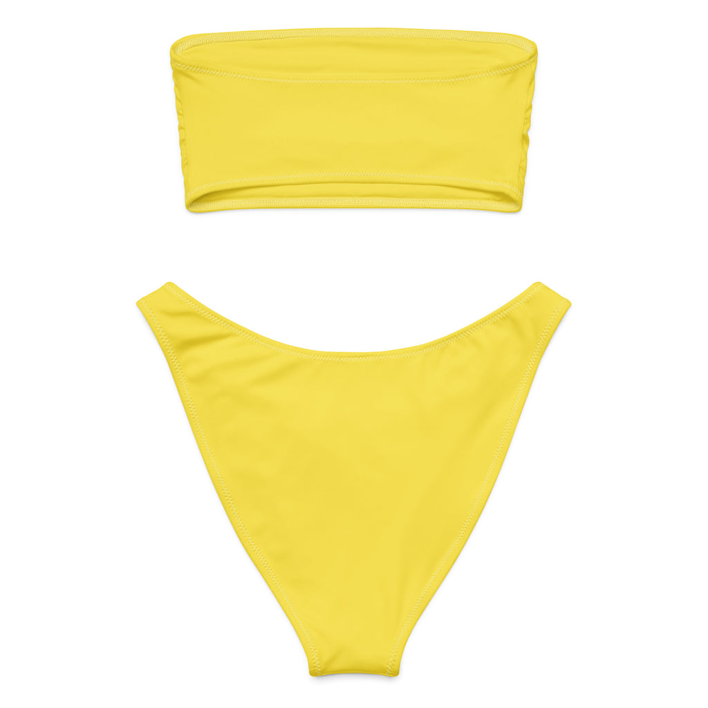 Women’s yellow recycled bandeau bikini set with high-cut bottom in quick drying fabric and upf 50 plus protection