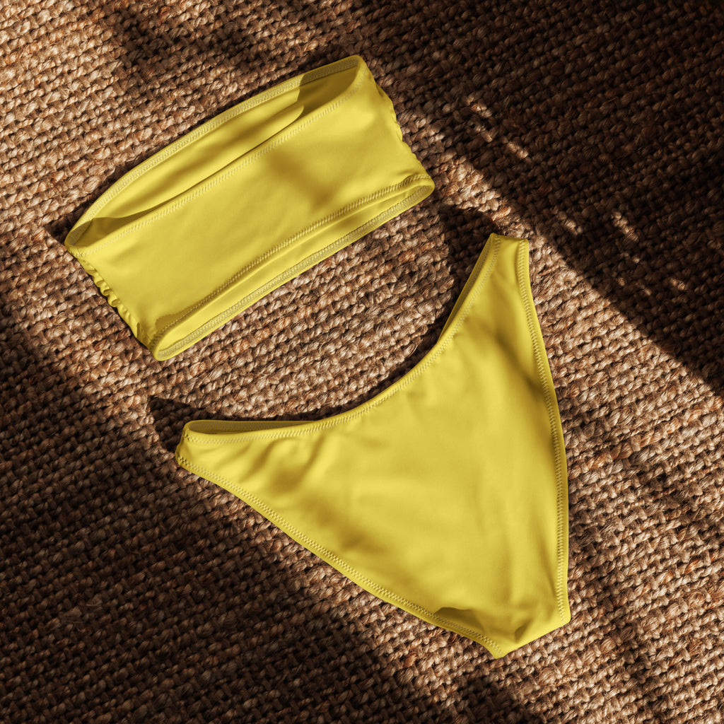 Women’s yellow recycled bandeau bikini set with quick drying smooth stretchy fabric and upf 50+ protection