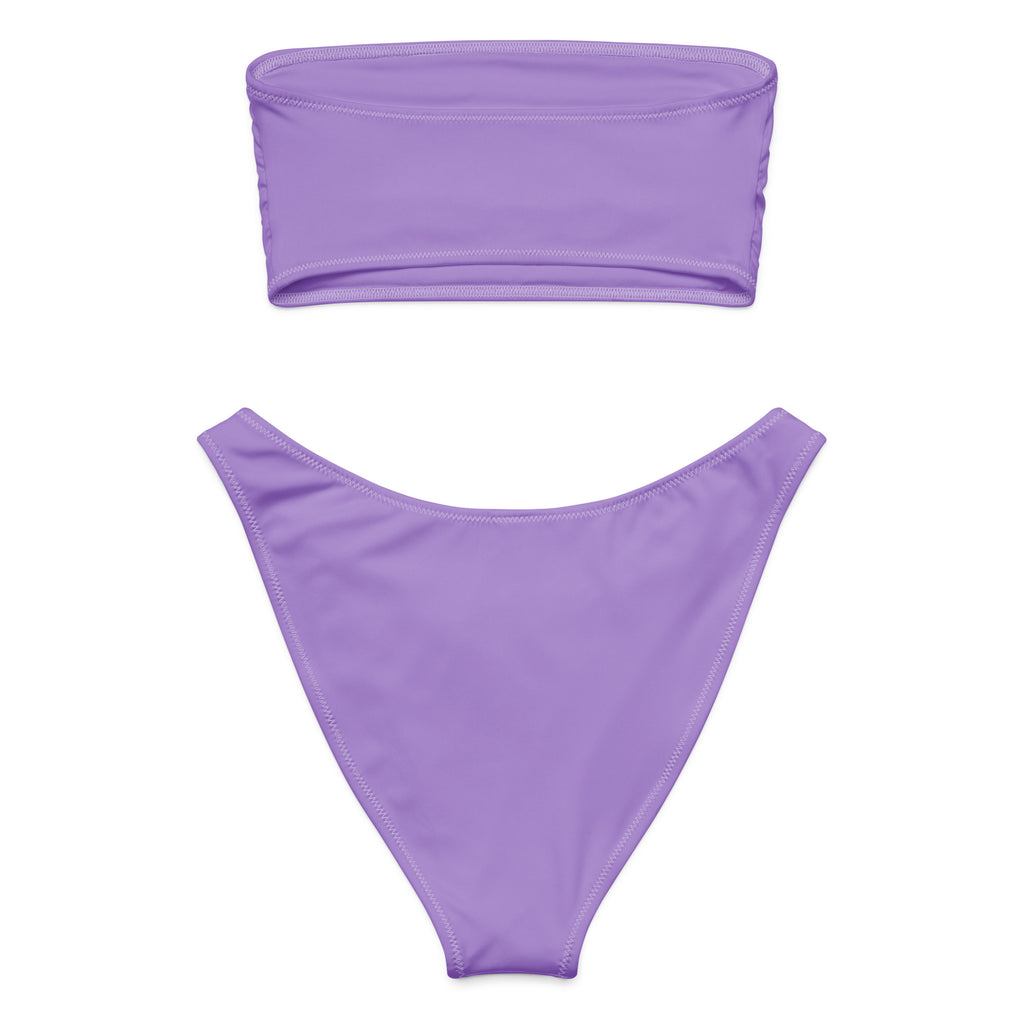 Women’s lavender purple recycled bandeau bikini set with strapless top and high-cut bottoms quick drying fabric upf 50+