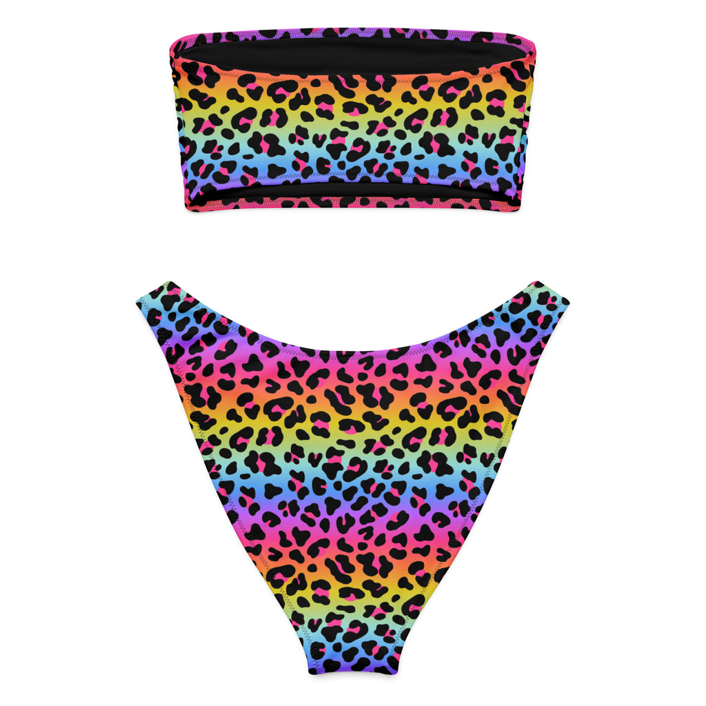 Women's Rainbow Leopard Recycled Bandeau Bikini - Quick Drying Fabric With UPF 50+