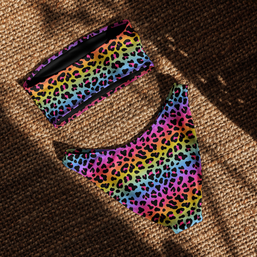 Women's Rainbow Leopard Recycled Bandeau Bikini - Quick Drying Fabric With UPF 50+
