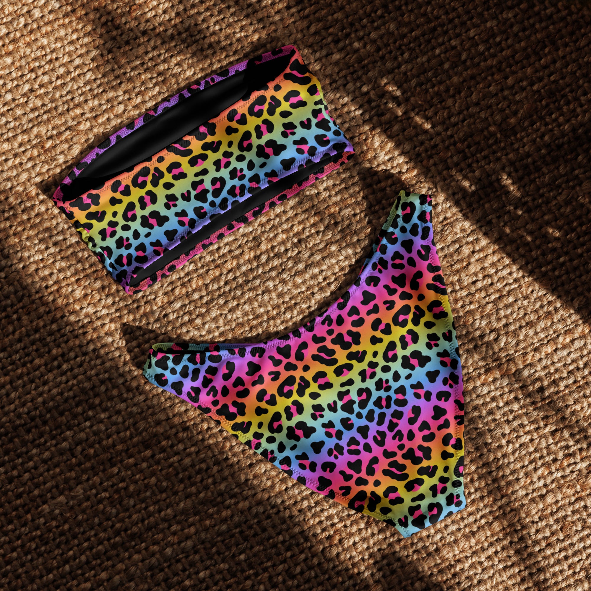 Women's Rainbow Leopard Recycled Bandeau Bikini - Quick Drying Fabric With UPF 50+