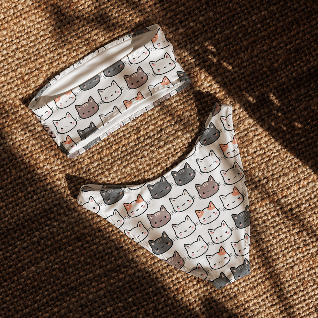 Women's Cat Recycled Bandeau Bikini - Quick Drying Fabric With UPF 50+