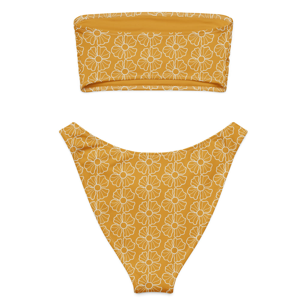 Women’s mustard yellow floral recycled bandeau bikini set with white outline pattern quick drying fabric upf 50+