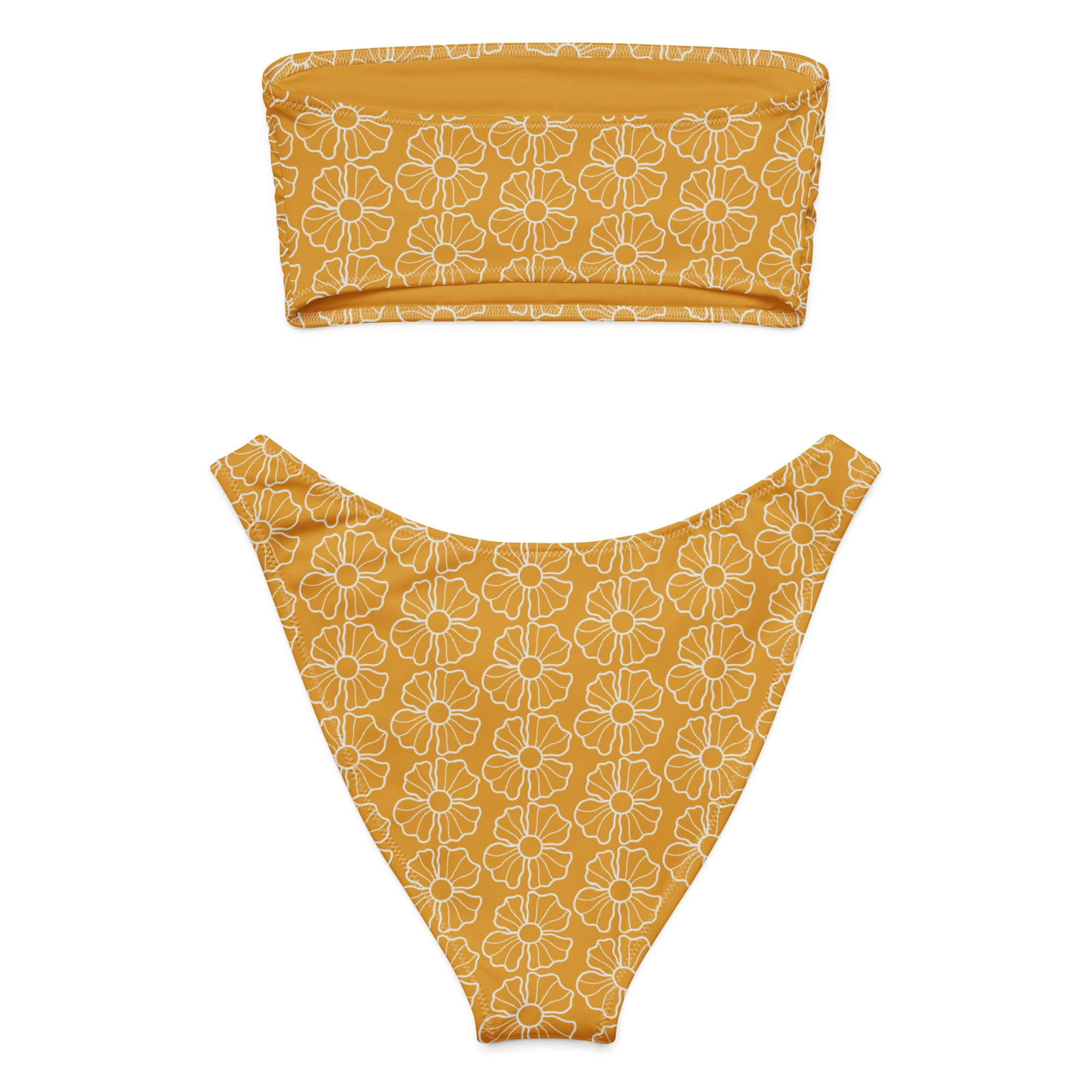 Women’s mustard yellow floral recycled bandeau bikini set with white outline pattern quick drying fabric upf 50+
