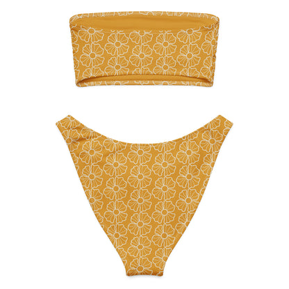 Women's Mustard Yellow Floral Recycled Bandeau Bikini - Quick Drying Fabric With UPF 50+