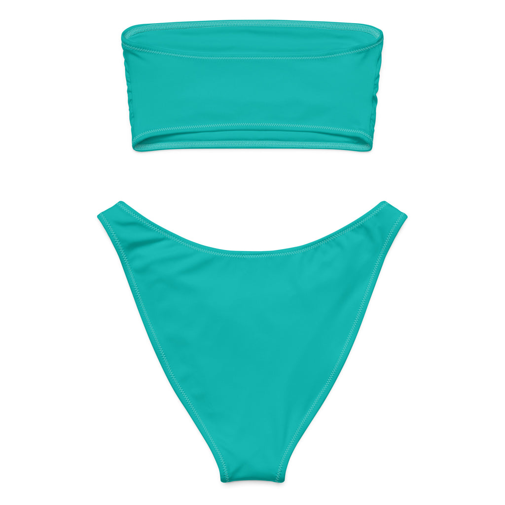 Women’s teal recycled bandeau bikini set with high-cut bottoms made from smooth stretchy quick drying fabric with UPF 50+