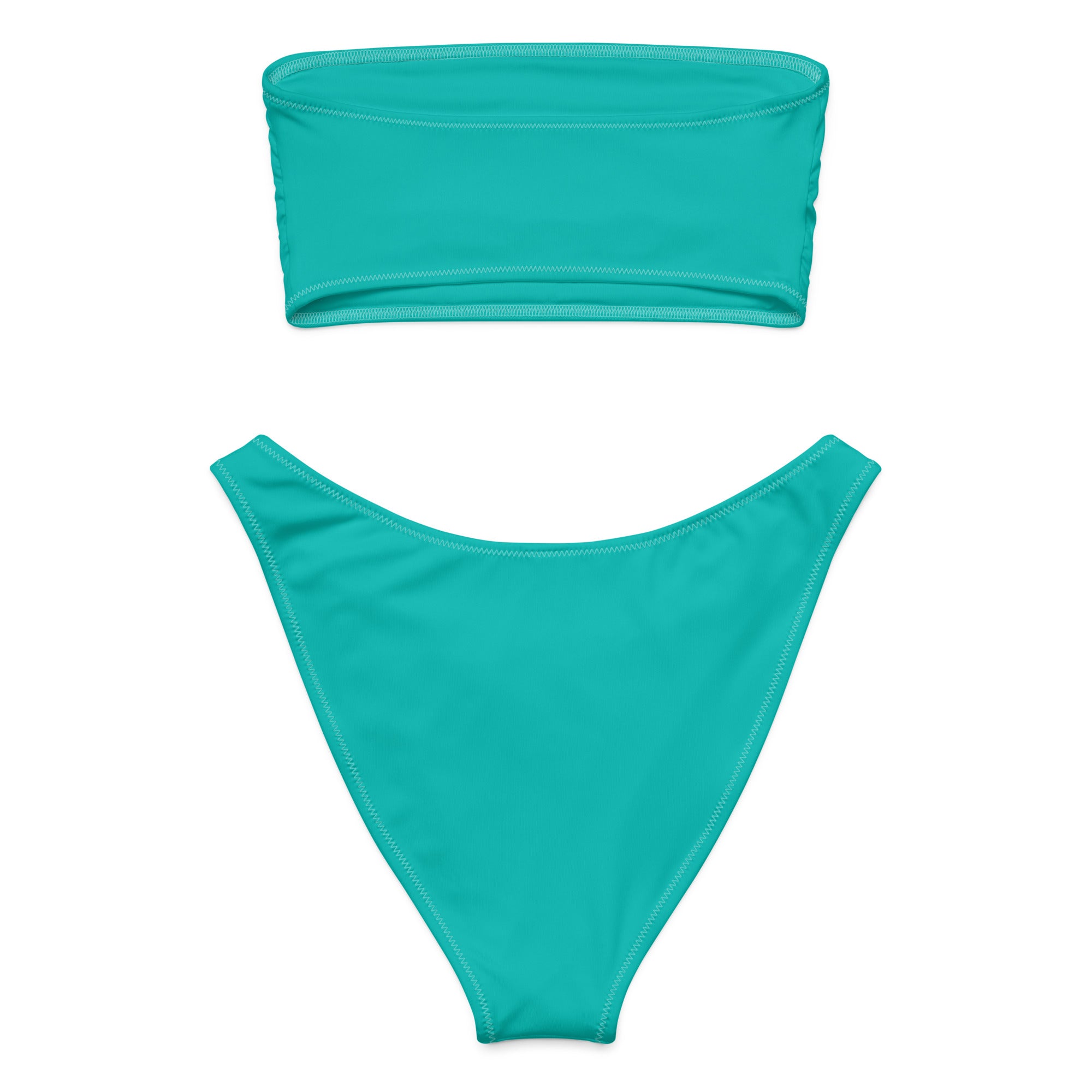 Women’s teal recycled bandeau bikini set with high-cut bottoms made from smooth stretchy quick drying fabric with UPF 50+