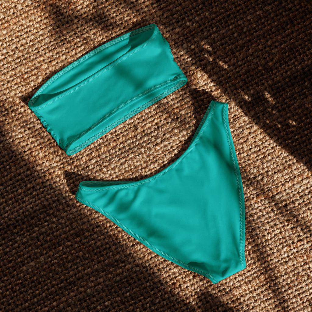 Women’s teal recycled bandeau bikini set with seamless stretchy fabric quick drying and upf 50 plus protection
