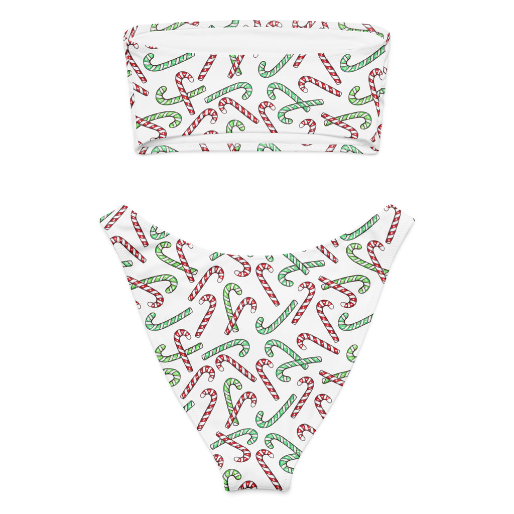 Women's Red & Green Candy Cane Christmas Recycled Bandeau Bikini - Quick Drying Fabric With UPF 50+