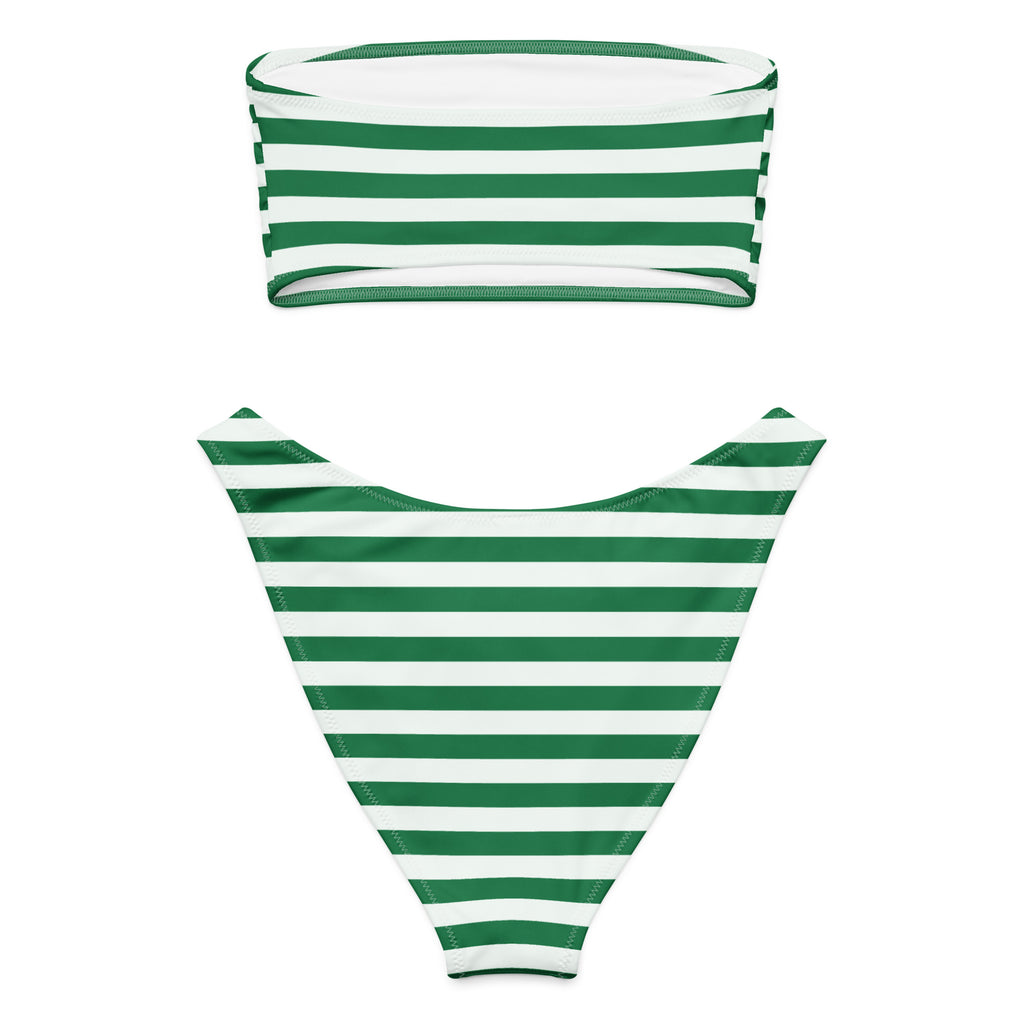 Women's Green & White Striped Christmas Recycled Bandeau Bikini - Quick Drying Fabric With UPF 50+