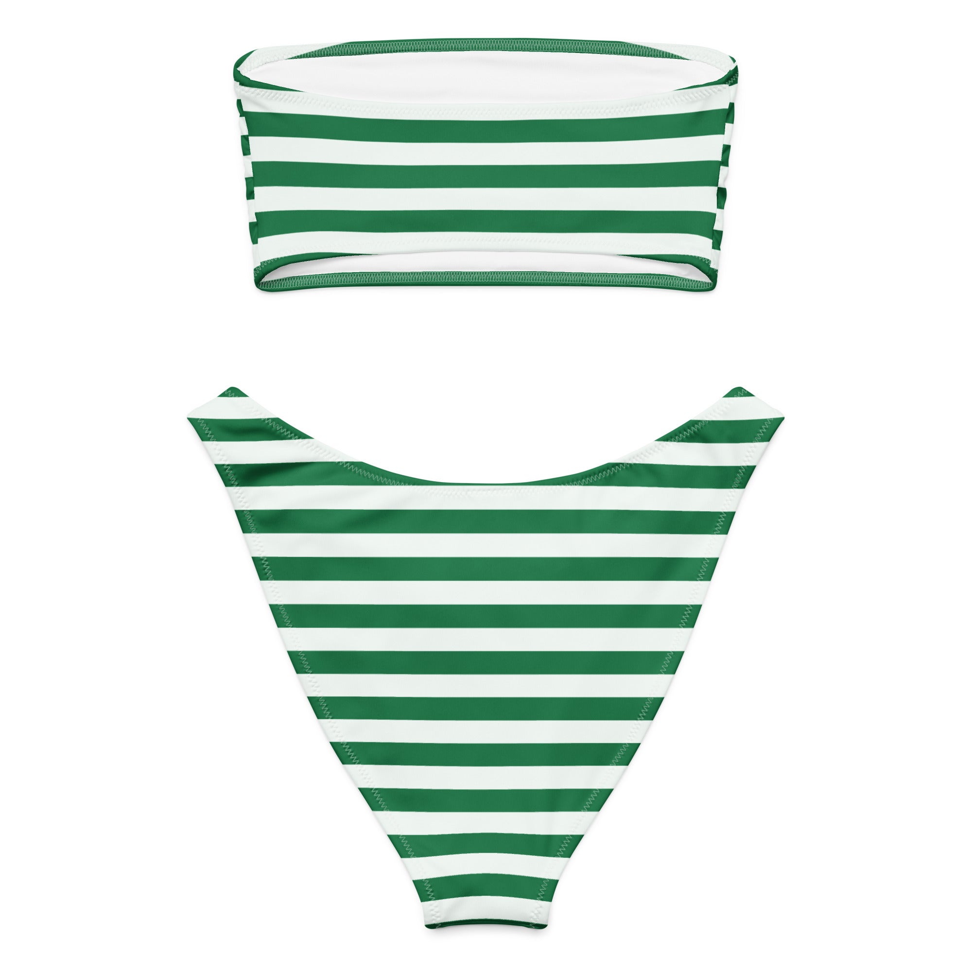 Women's Green & White Striped Christmas Recycled Bandeau Bikini - Quick Drying Fabric With UPF 50+