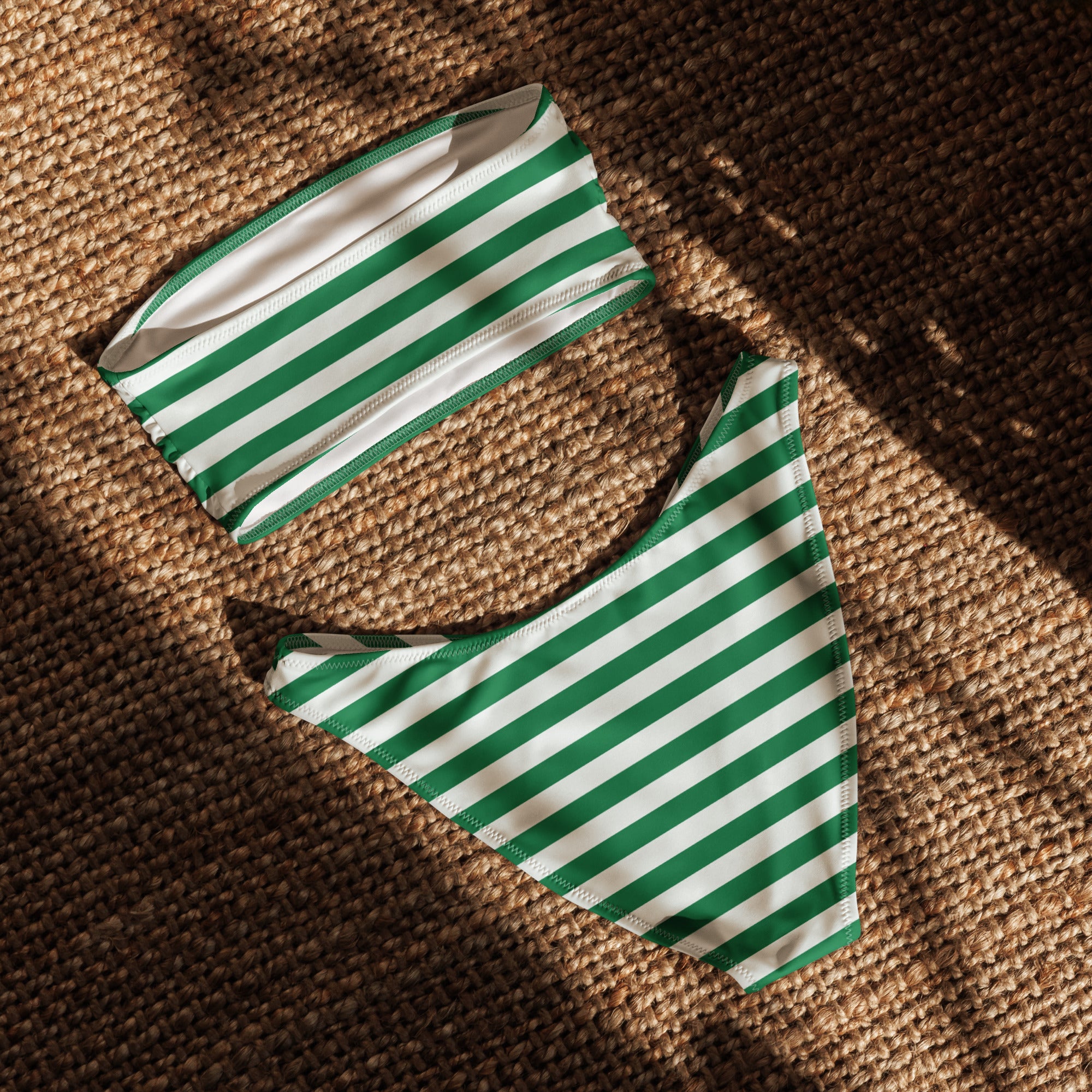 Women's Green & White Striped Christmas Recycled Bandeau Bikini - Quick Drying Fabric With UPF 50+