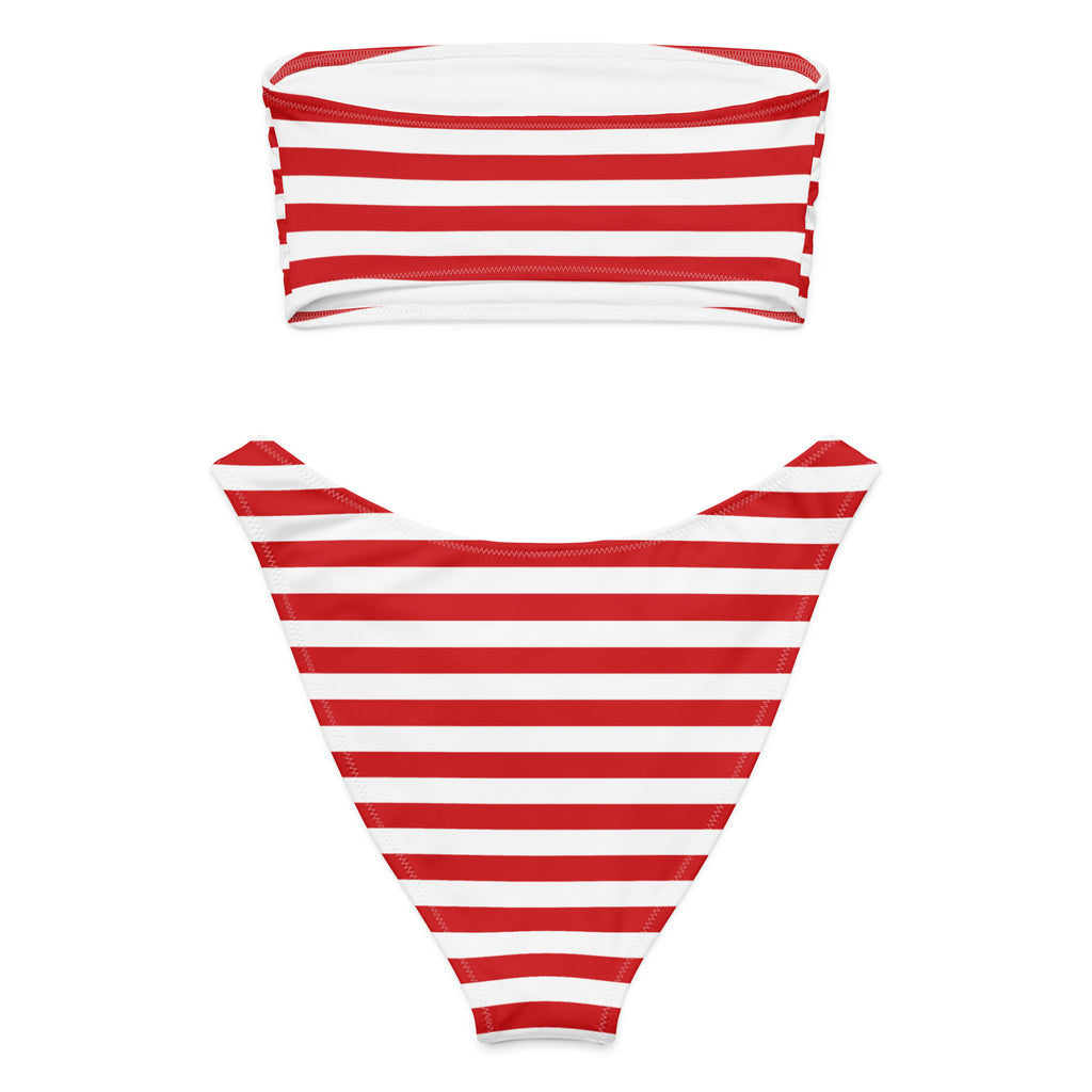 Women's Red & White Striped Christmas Recycled Bandeau Bikini - Quick Drying Fabric With UPF 50+
