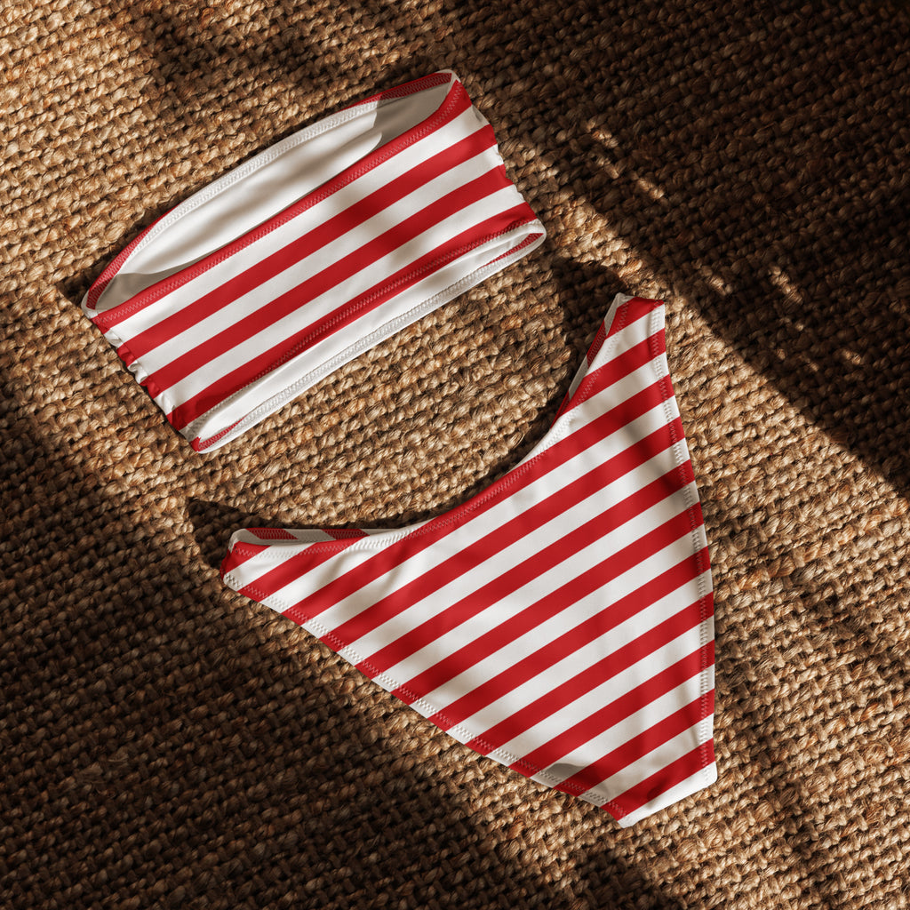 Women's Red & White Striped Christmas Recycled Bandeau Bikini - Quick Drying Fabric With UPF 50+