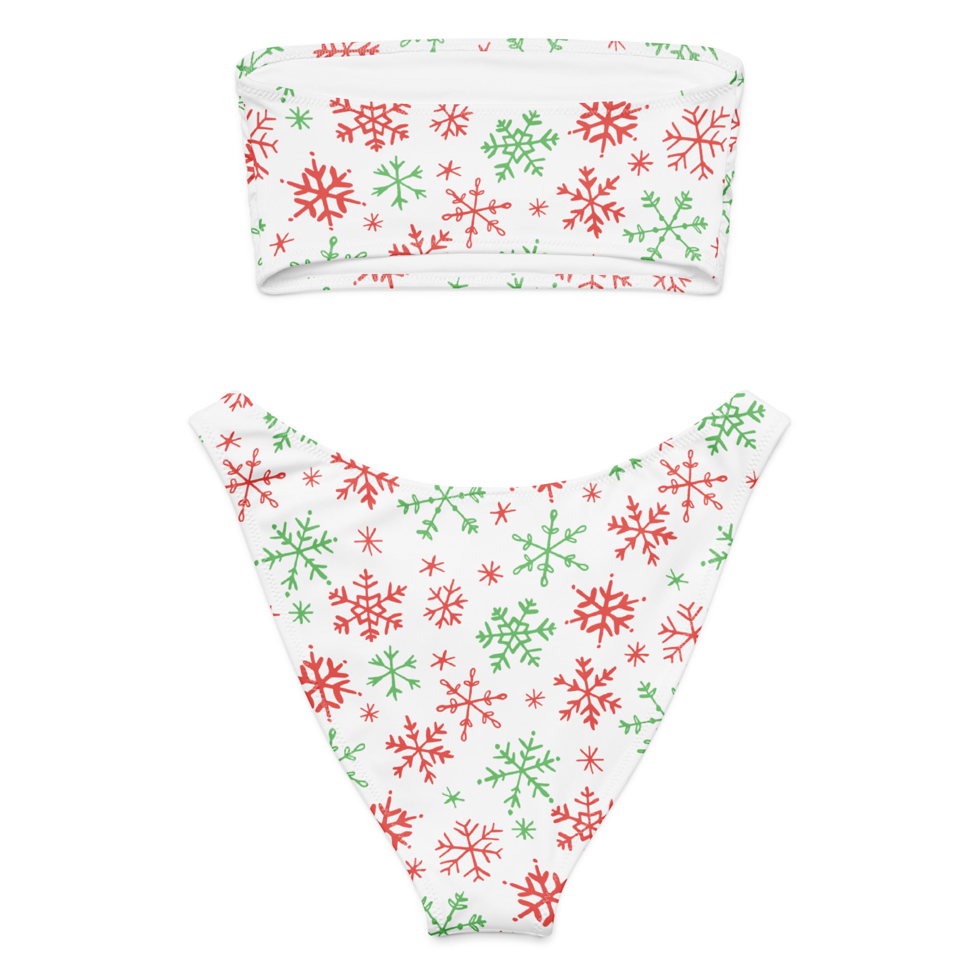 Women's Red & Green Snowflakes Christmas Recycled Bandeau Bikini - Quick Drying Fabric With UPF 50+
