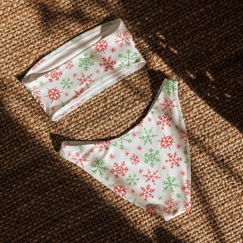 Women's Red & Green Snowflakes Christmas Recycled Bandeau Bikini - Quick Drying Fabric With UPF 50+