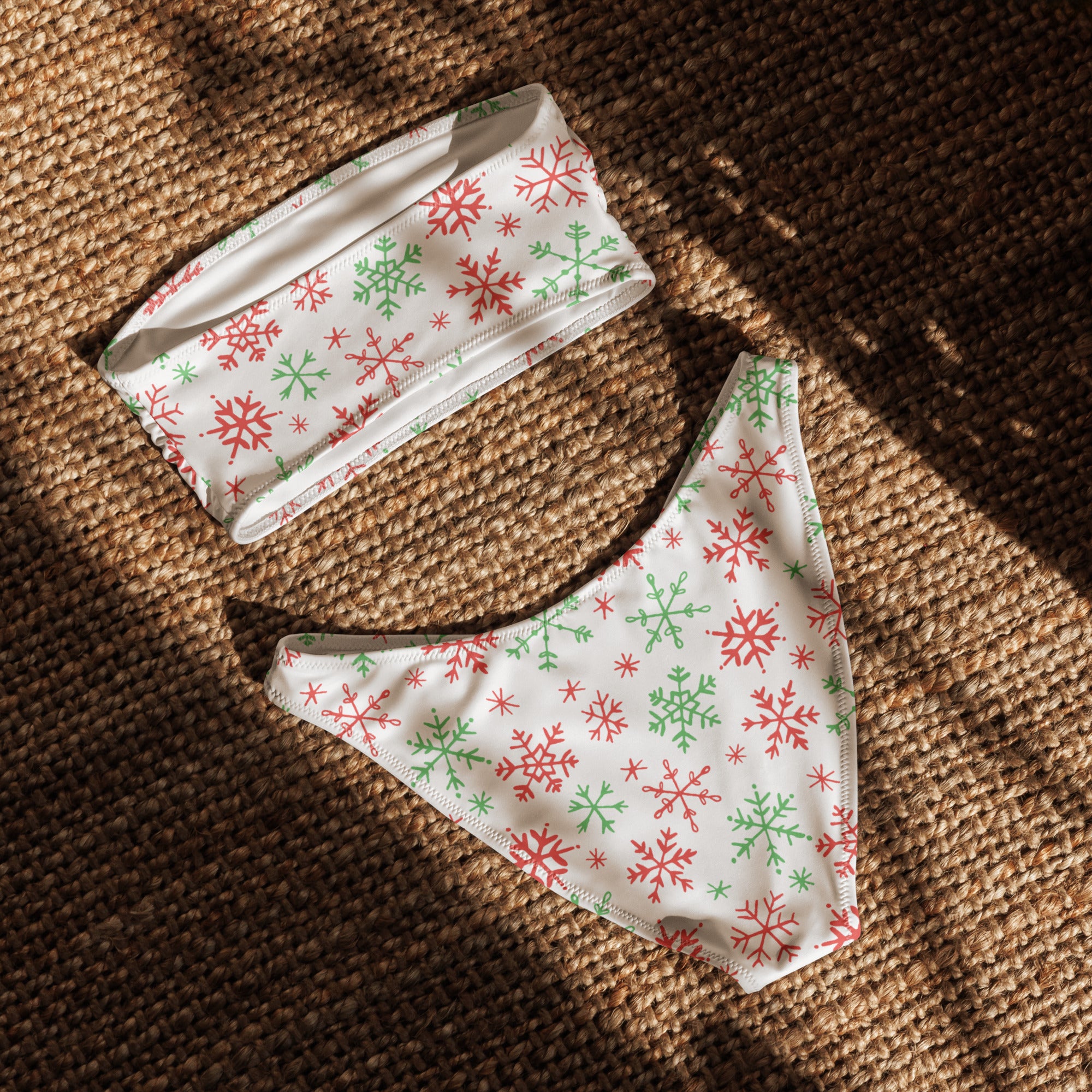 Women's Red & Green Snowflakes Christmas Recycled Bandeau Bikini - Quick Drying Fabric With UPF 50+