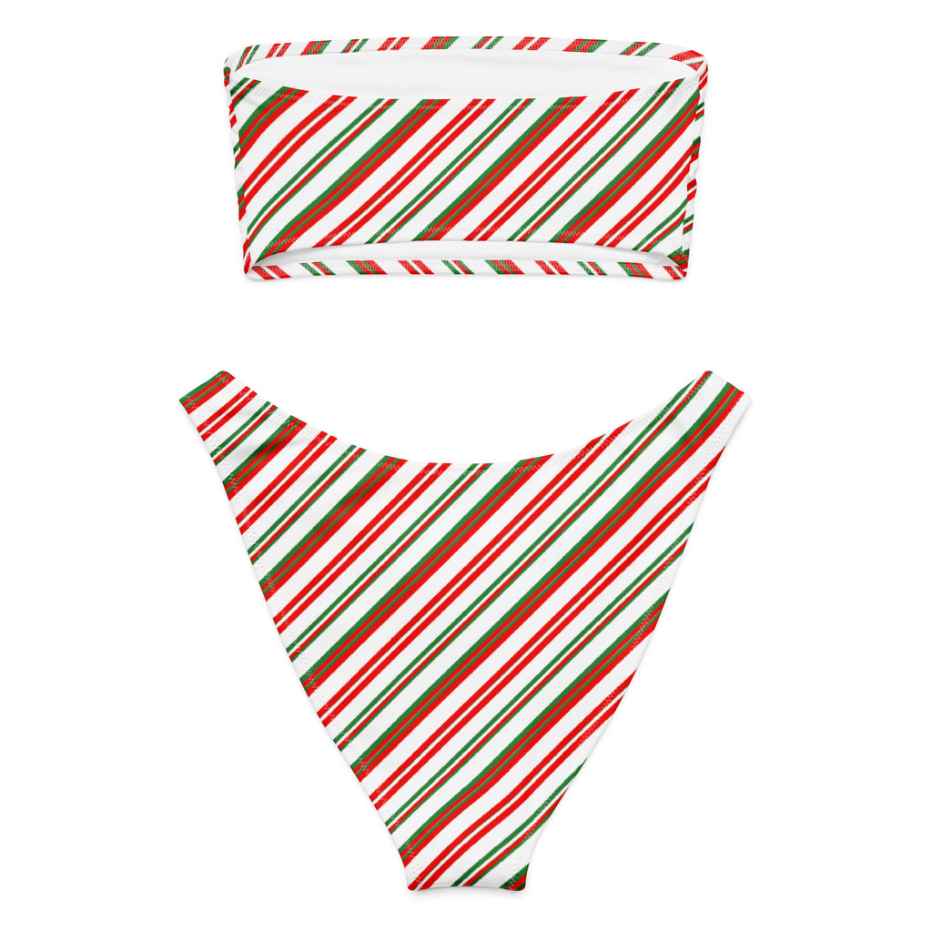 Women's Christmas Stripe Recycled Bandeau Bikini - Quick Drying Fabric With UPF 50+