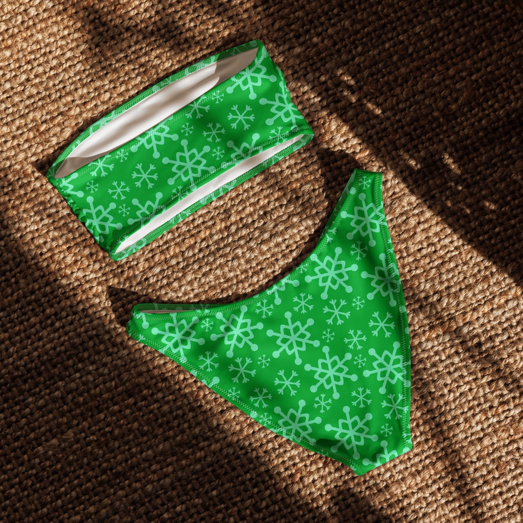 Women's Green Snowflake Recycled Bandeau Bikini - Quick Drying Fabric With UPF 50+