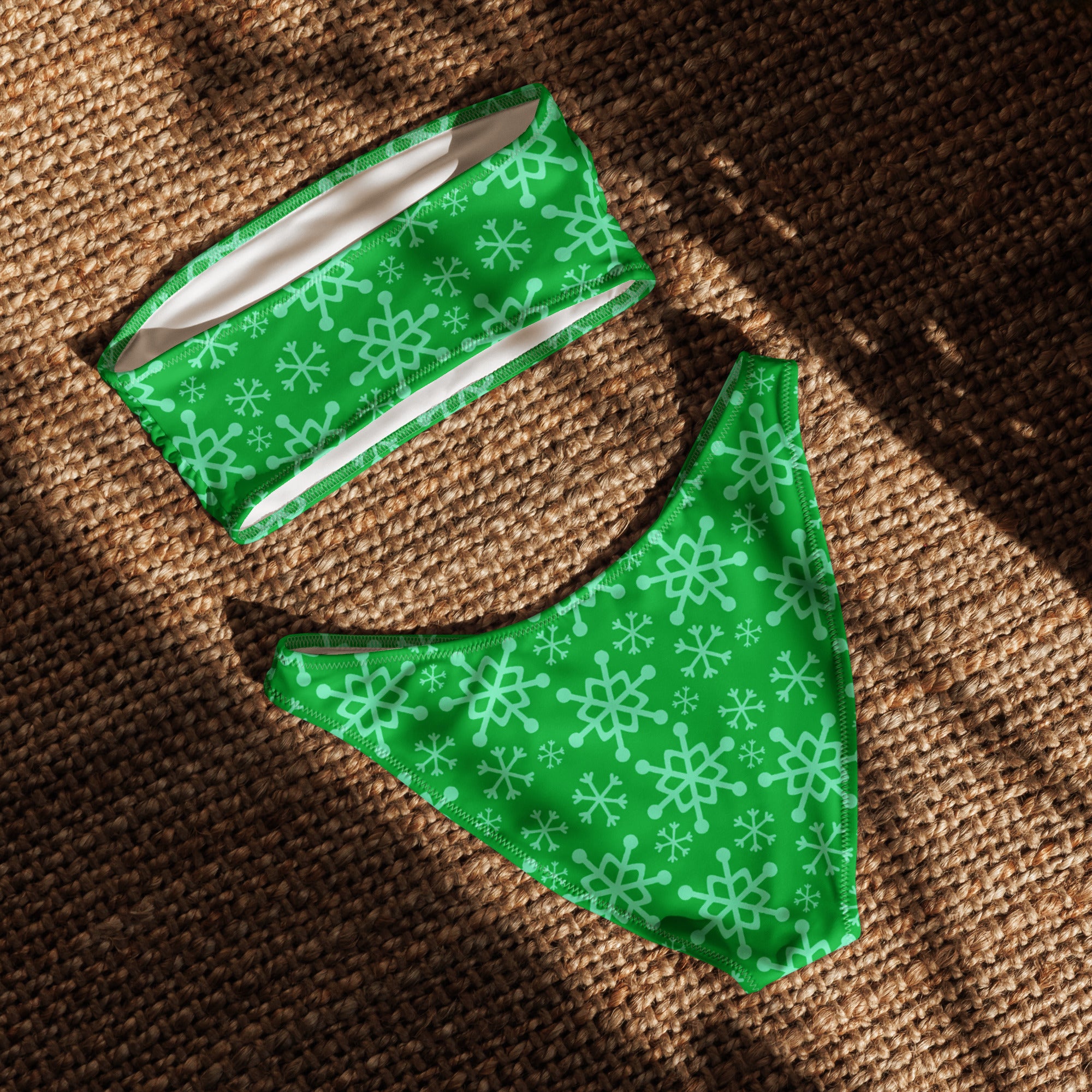 Women's Green Snowflake Recycled Bandeau Bikini - Quick Drying Fabric With UPF 50+