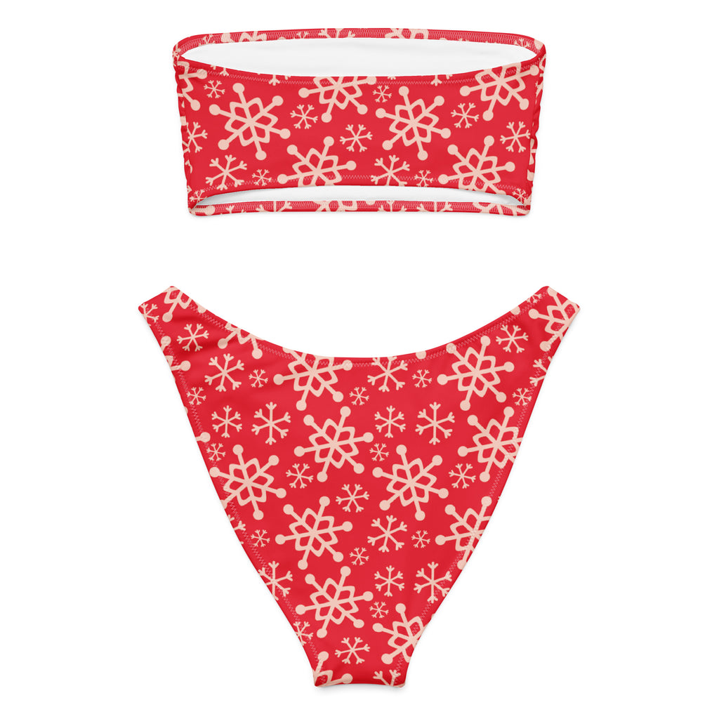 Women's Red Snowflake Recycled Bandeau Bikini - Quick Drying Fabric With UPF 50+