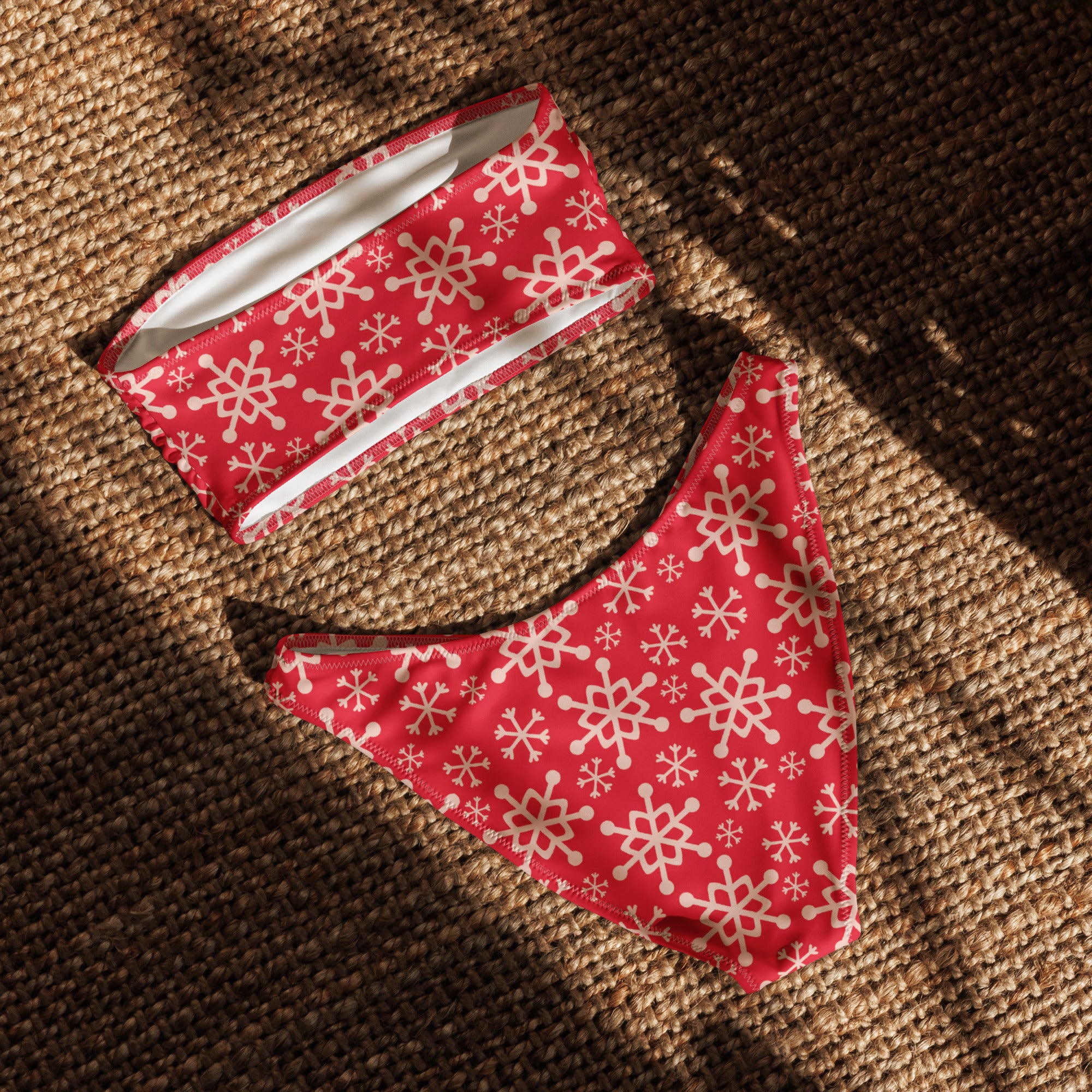 Women's Red Snowflake Recycled Bandeau Bikini - Quick Drying Fabric With UPF 50+