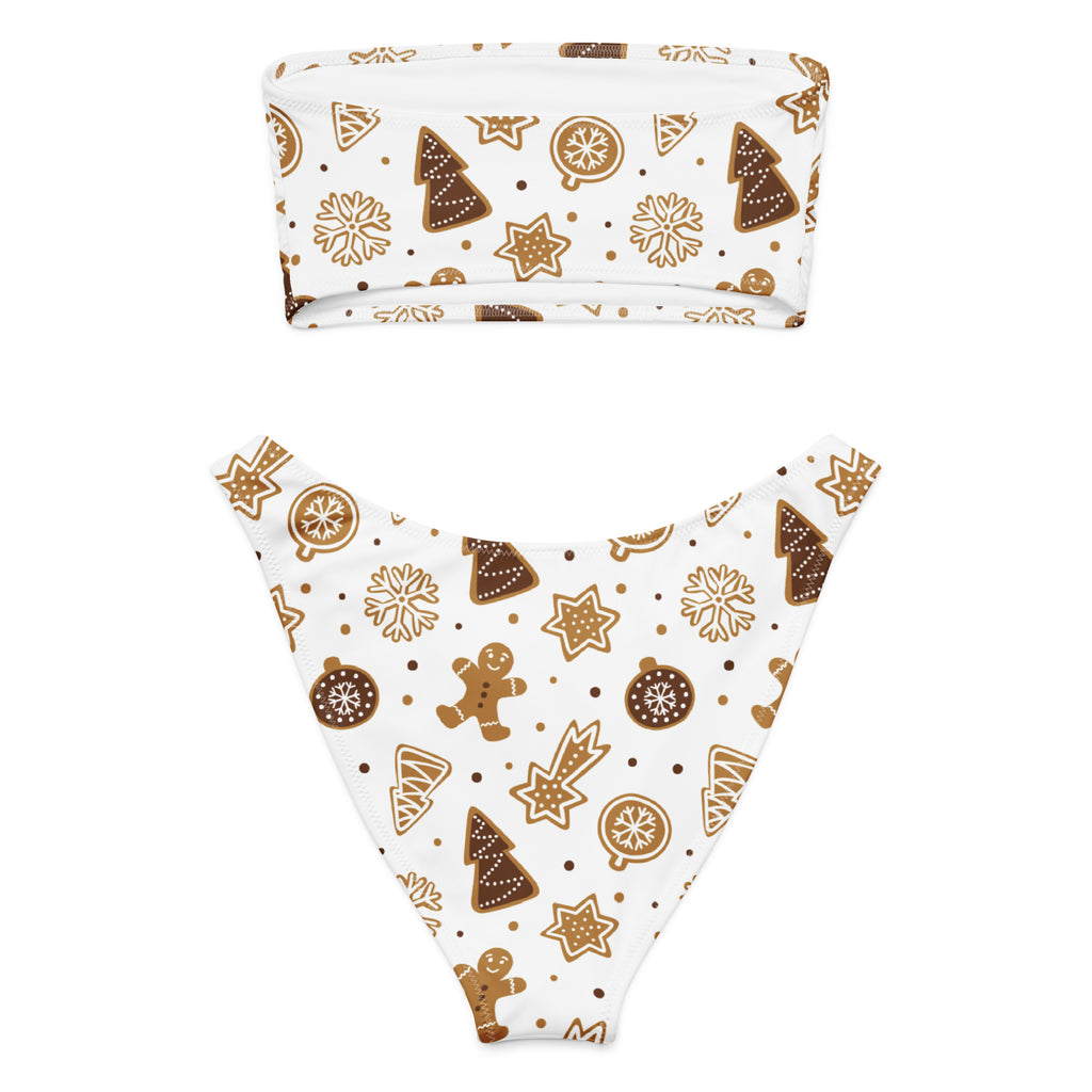White bandeau top and high waisted bikini bottom set with festive brown gingerbread pattern made from quick drying fabric with upf 50+