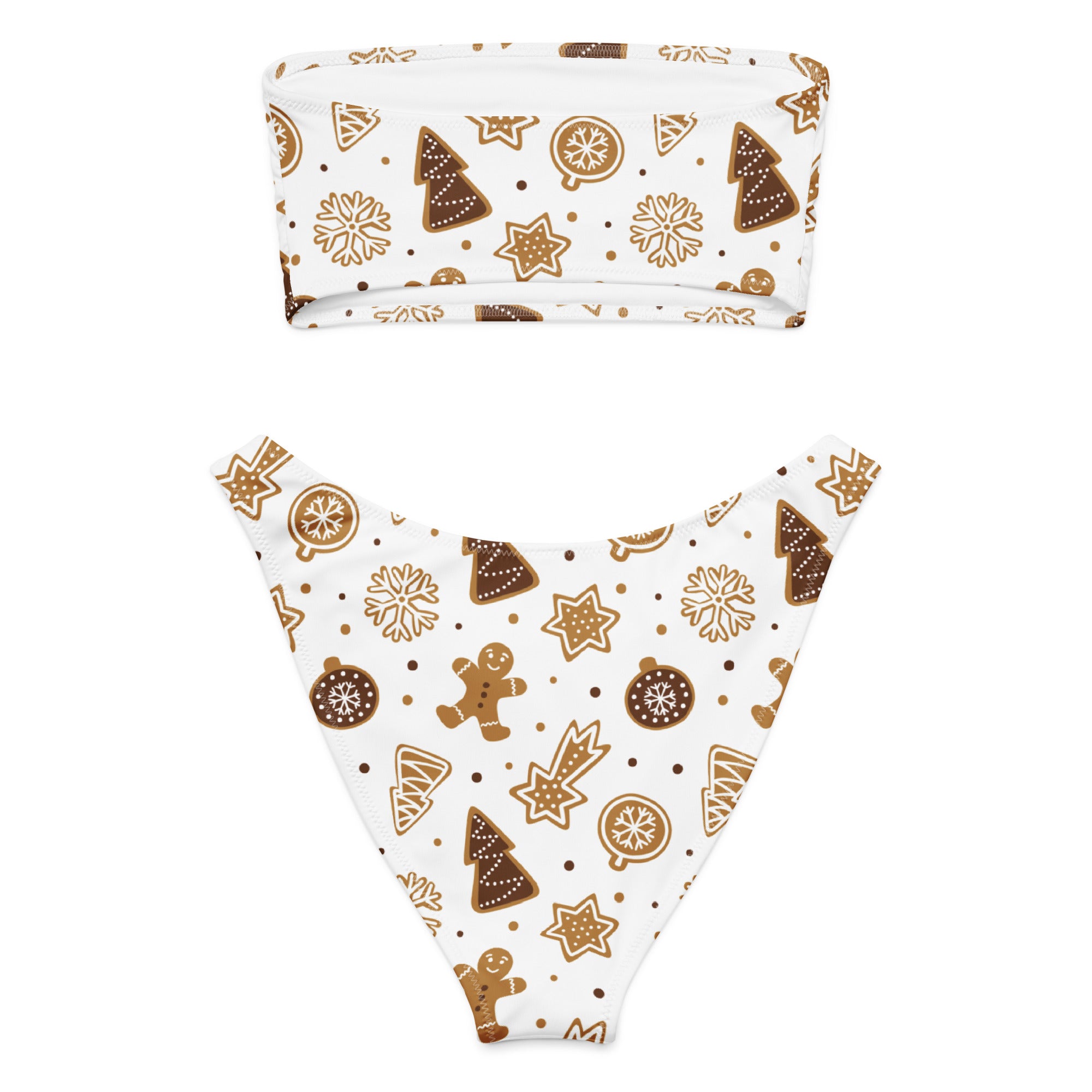 White bandeau top and high waisted bikini bottom set with festive brown gingerbread pattern made from quick drying fabric with upf 50+