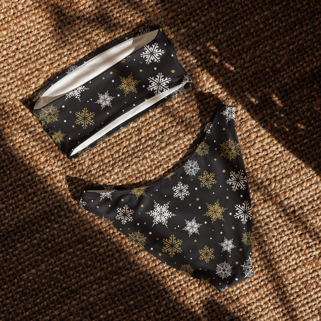 Women's White & Gold Snowflakes Recycled Bandeau Bikini - Quick Drying Fabric With UPF 50+
