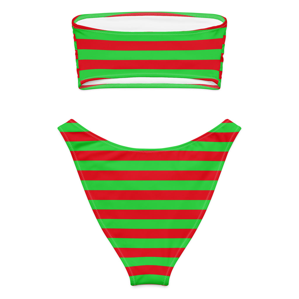 Women's Red & Green Striped Christmas Recycled Bandeau Bikini - Quick Drying Fabric With UPF 50+