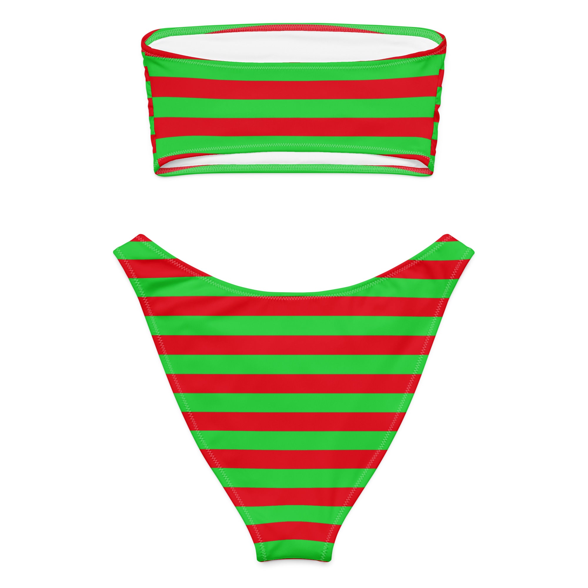 Women's Red & Green Striped Christmas Recycled Bandeau Bikini - Quick Drying Fabric With UPF 50+