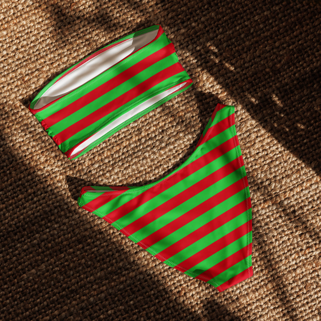 Women's Red & Green Striped Christmas Recycled Bandeau Bikini - Quick Drying Fabric With UPF 50+