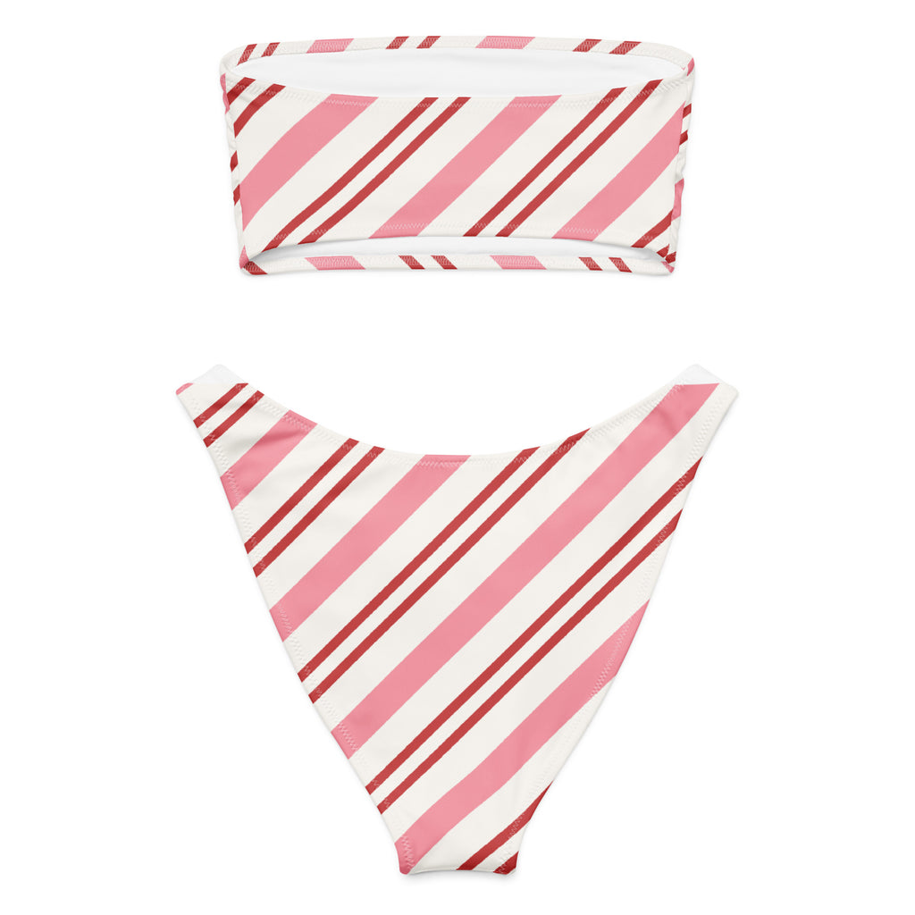 Women's Pink Striped Christmas Recycled Bandeau Bikini - Quick Drying Fabric With UPF 50+