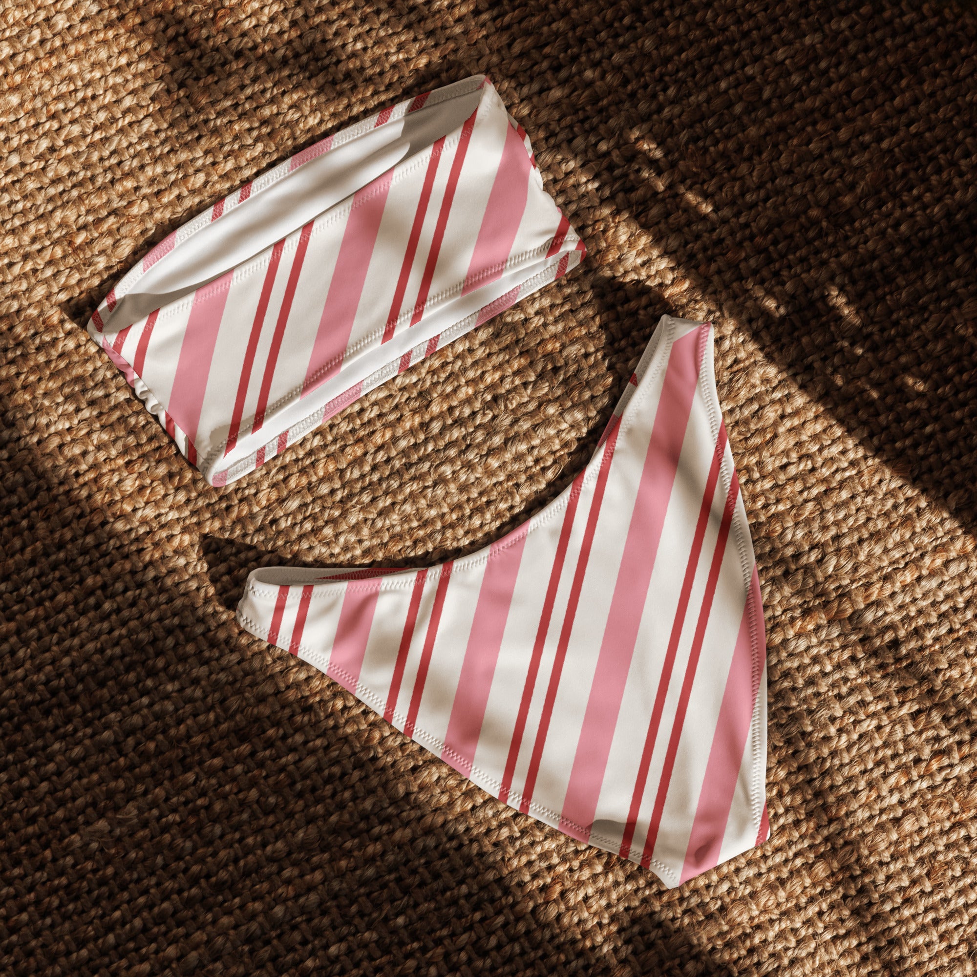 Women's Pink Striped Christmas Recycled Bandeau Bikini - Quick Drying Fabric With UPF 50+