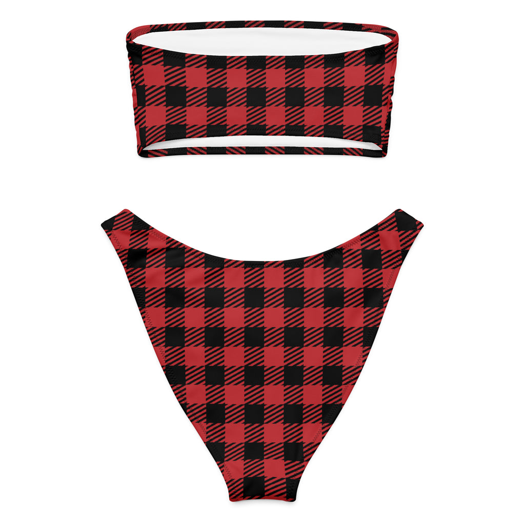 Women's Red Buffalo Plaid Recycled Bandeau Bikini - Quick Drying Fabric With UPF 50+