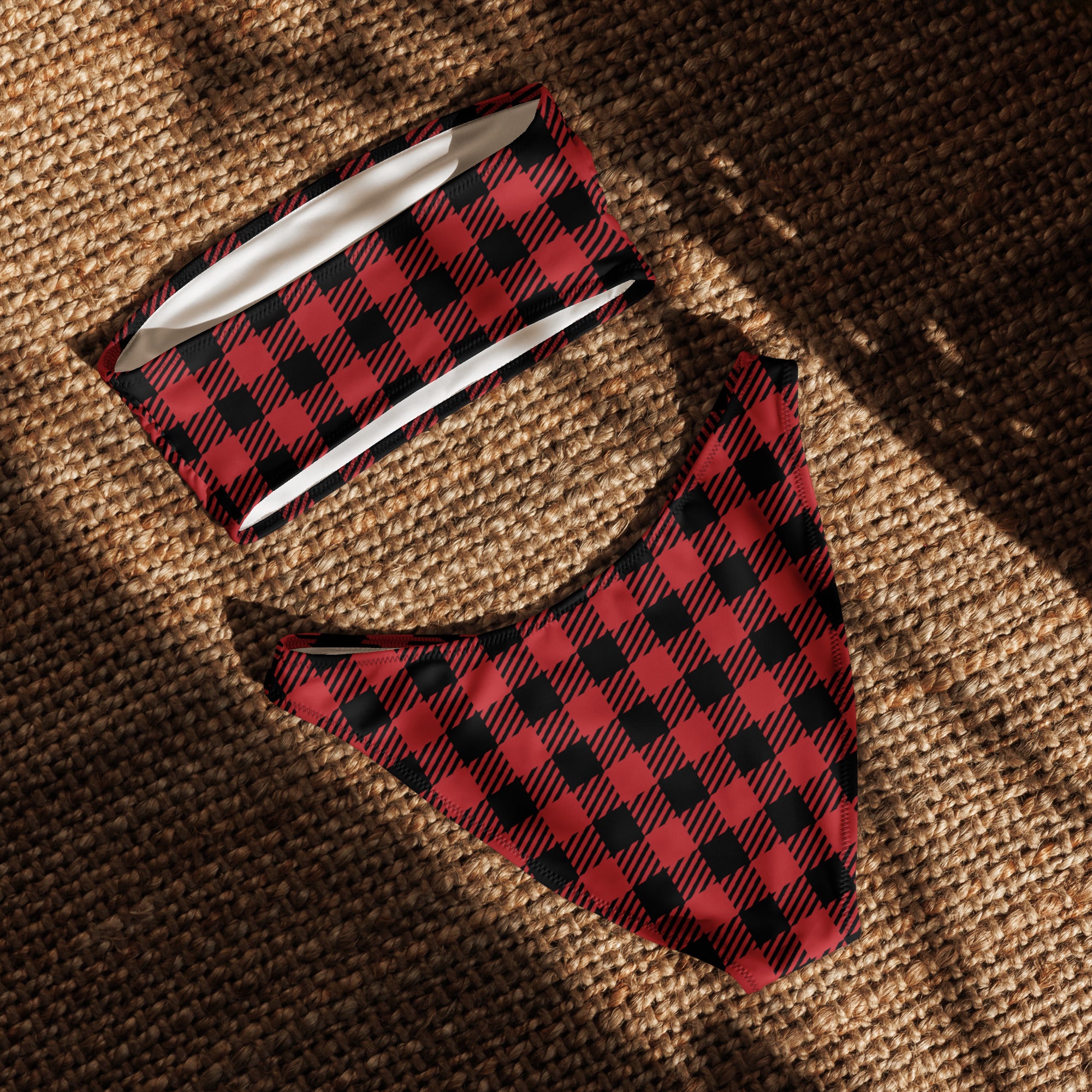 Women's Red Buffalo Plaid Recycled Bandeau Bikini - Quick Drying Fabric With UPF 50+